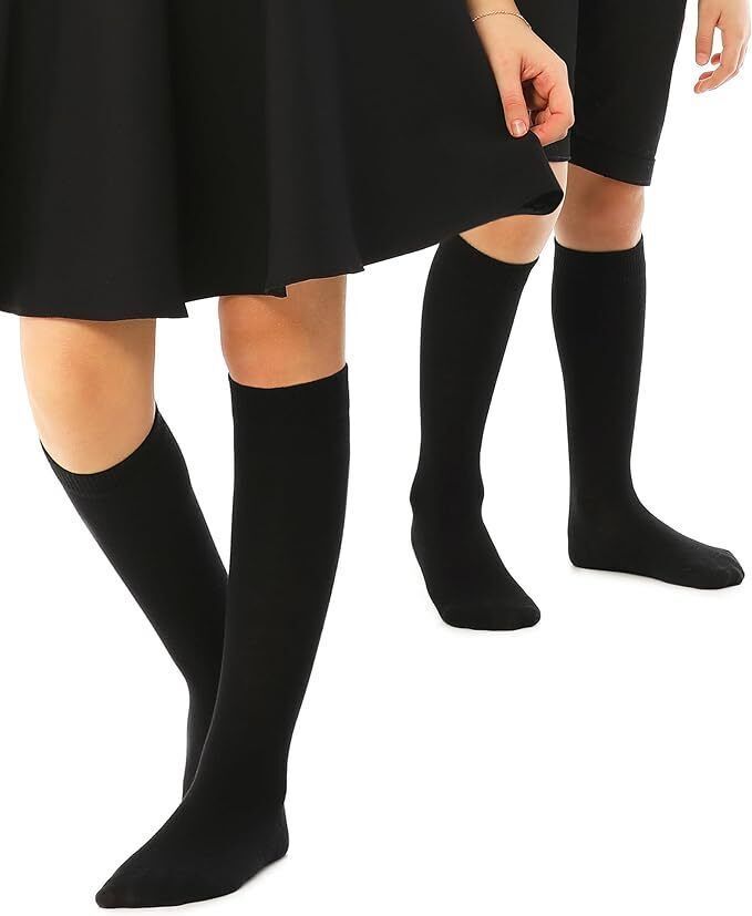 Knee High School Socks for Girls Boys Plain Cotton Rich Kids Seamless No Seam - Black