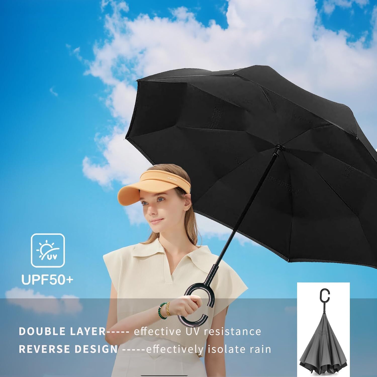 Reverse Umbrella Windproof Double Layer C-Handle Inverted Folding in Black