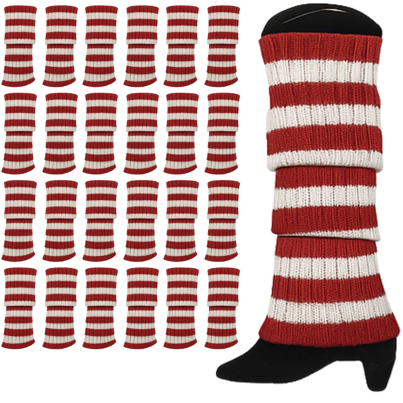 24x Womens Leg Warmers Disco Winter Knit Dance Party Crochet Legging Socks Costume - Red/White Stripe