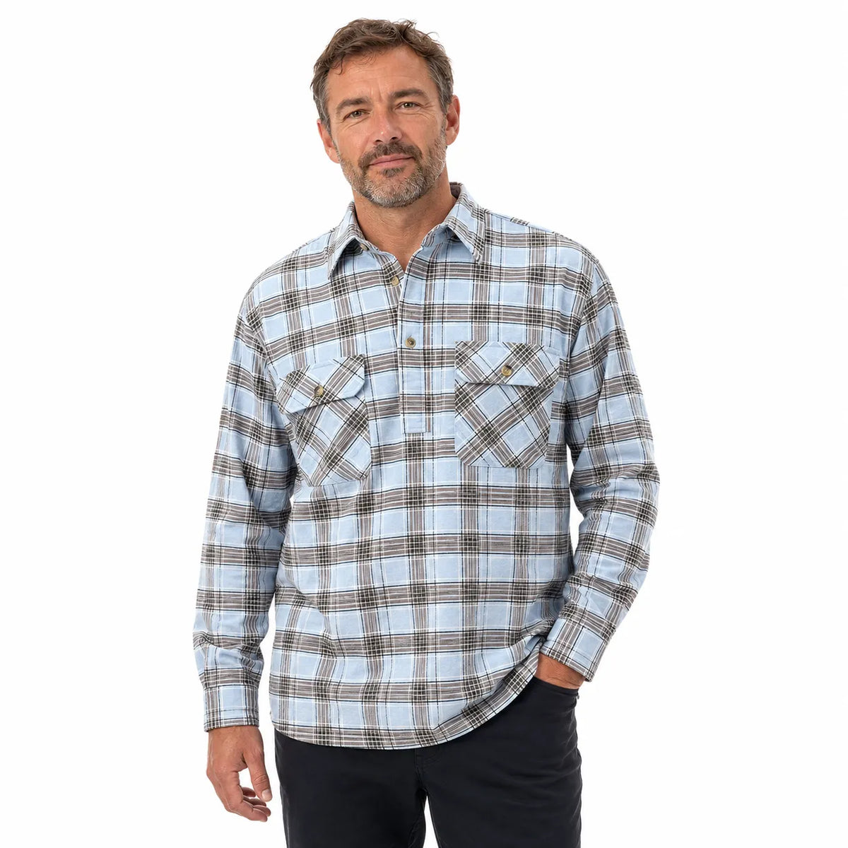 Mens Flannelette Long Sleeve Pullover Shirt 100% Cotton Flannel - Half Placket - Sky Blue/Grey Check