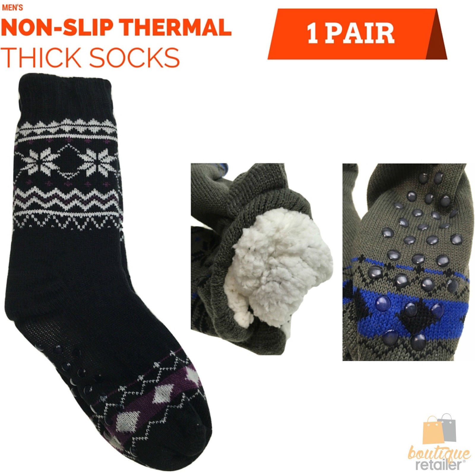1 Pair Mens Non Slip Thick Fur Warm Winter Bed Socks Thermal Warm Cushion - One Size