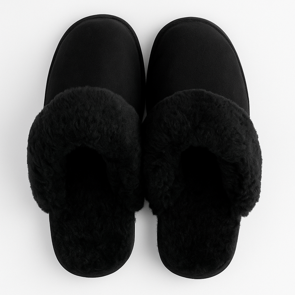 100% Sheepskin Moccasin Slippers Winter Genuine Scuffs Slip On Mens Womens - Black (with fur) - 8