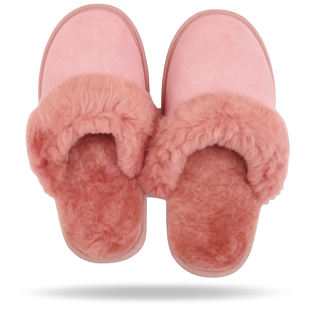 100% Sheepskin Moccasin Slippers Winter Genuine Scuffs Slip On Mens Womens - Pink (with fur) - 6