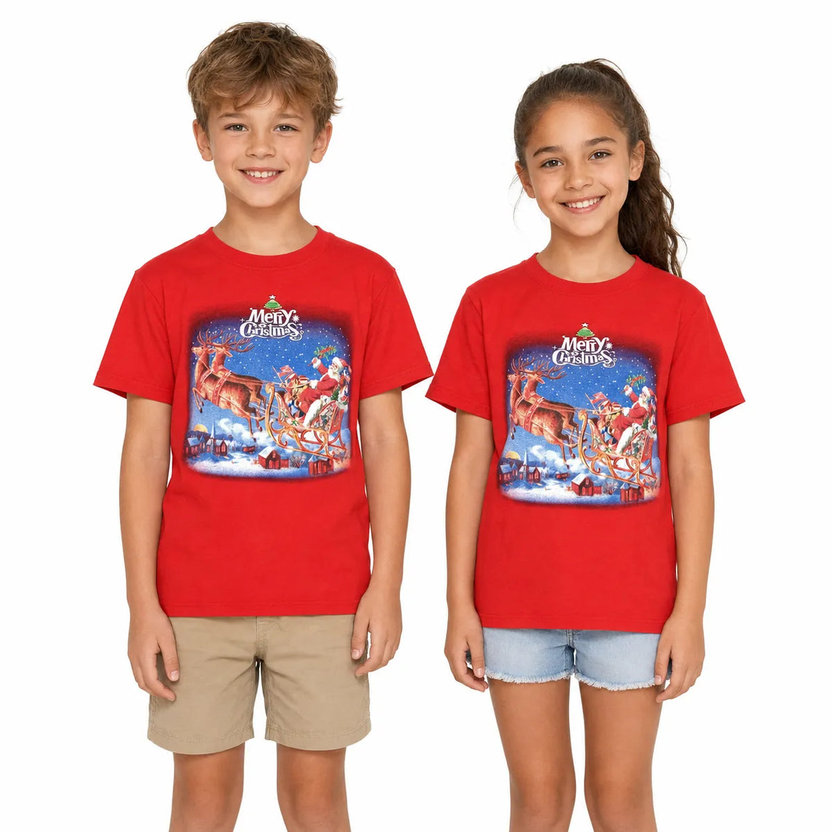 100% Cotton Kids Christmas T Shirt Xmas Top Santa Red White Party Costume - Red