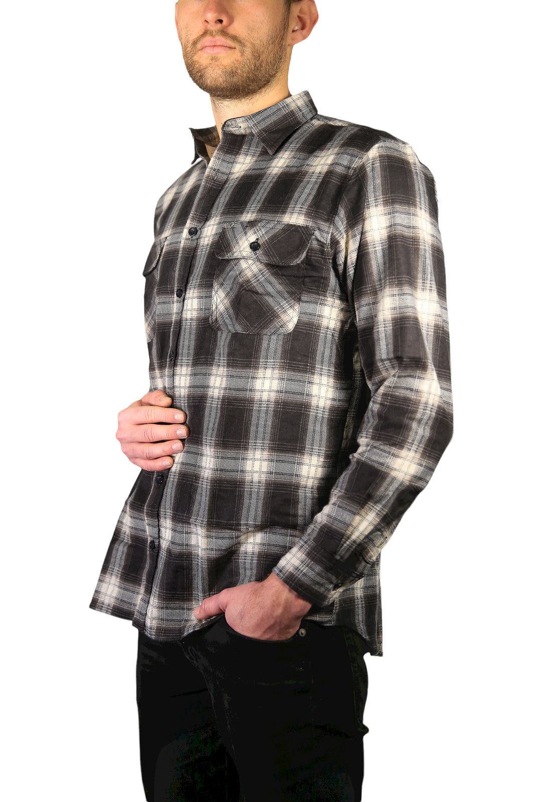 Mens Flannelette Long Sleeve Shirt 100% Cotton Check Authentic Flannel - Full Placket - Black - 9XL