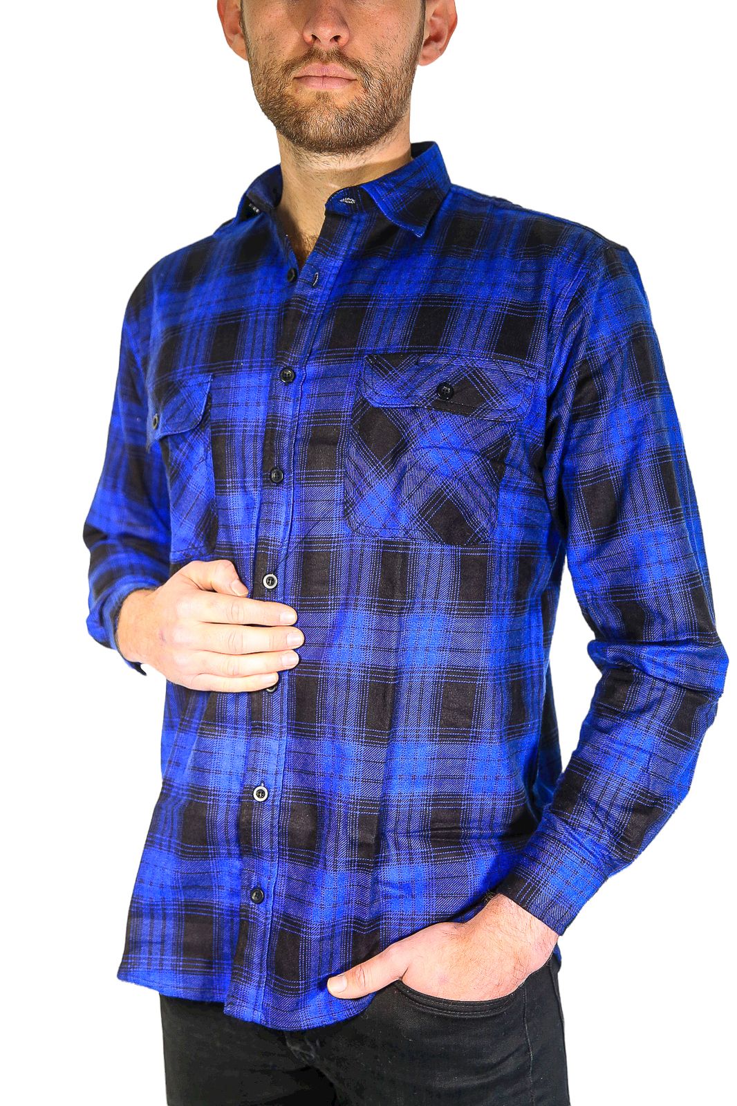 Mens Flannelette Long Sleeve Shirt 100% Cotton Check Authentic Flannel - Full Placket - Royal Blue