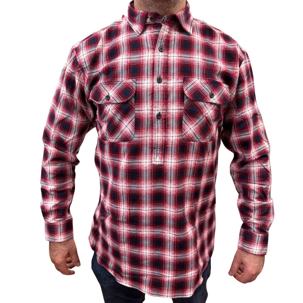 Mens Flannelette Long Sleeve Pullover Shirt 100% Cotton Flannel - Half Placket - Red/Navy