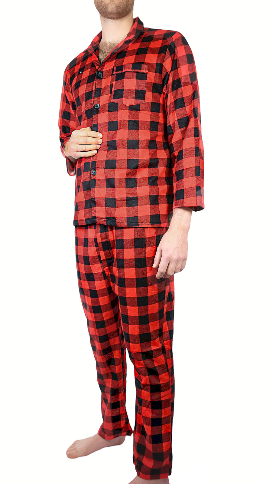 Mens Flannelette Pyjama Set Sleepwear Soft 100% Cotton PJs Two Piece Pajamas - Red - L
