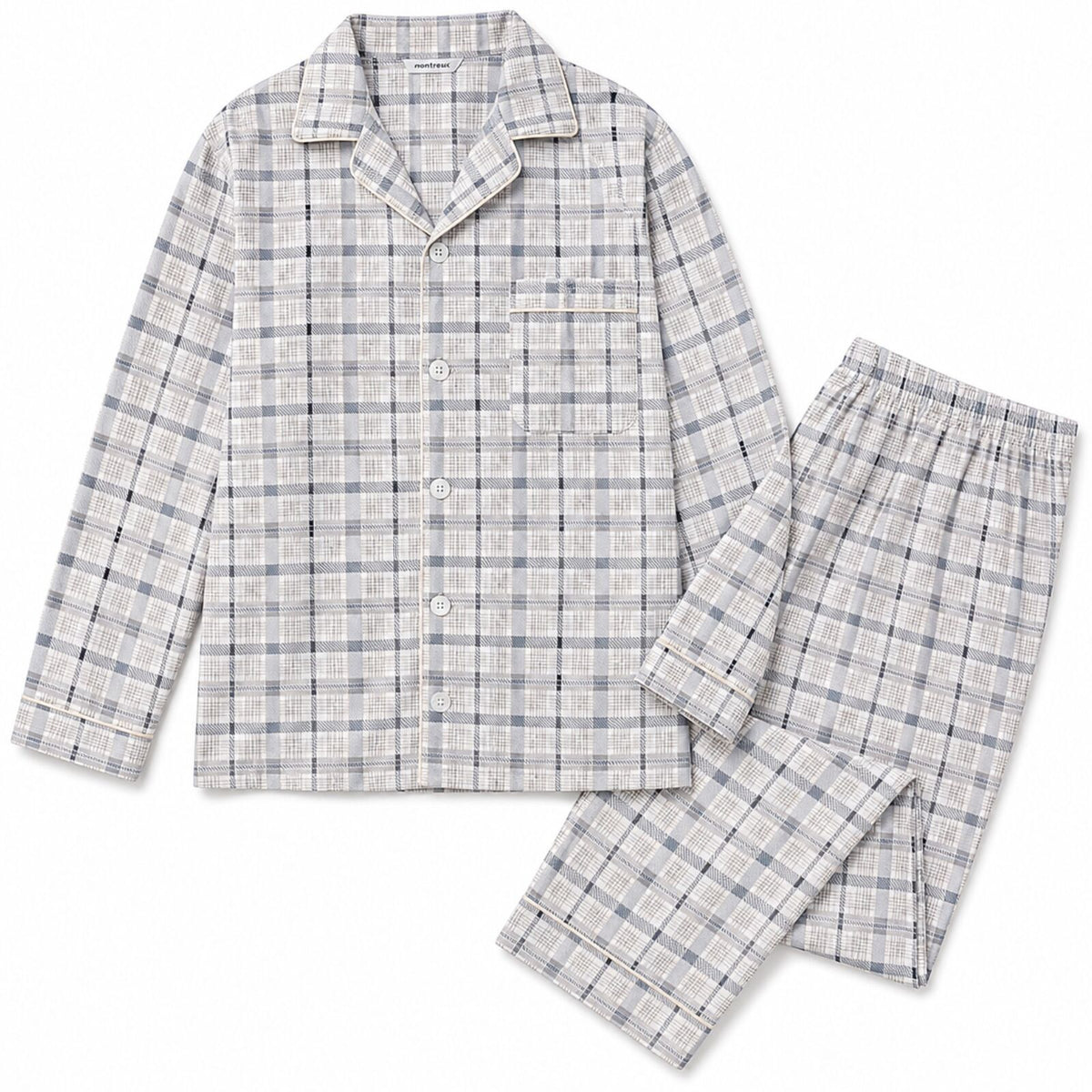 Mens Cotton Pyjama Set Long Sleeve Button Shirt Pants Sleepwear PJs - White/Blue