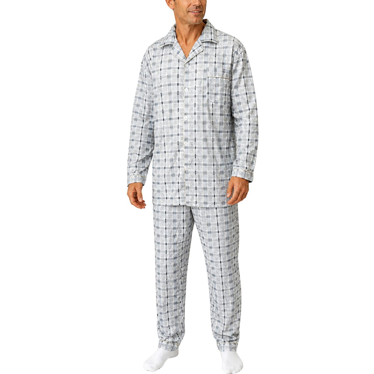 Mens Cotton Pyjama Set Long Sleeve Button Shirt Pants Sleepwear PJs - White/Blue