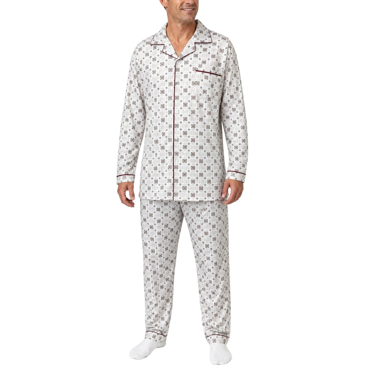 Mens Cotton Pyjama Set Long Sleeve Button Shirt Pants Sleepwear PJ - White/Brown