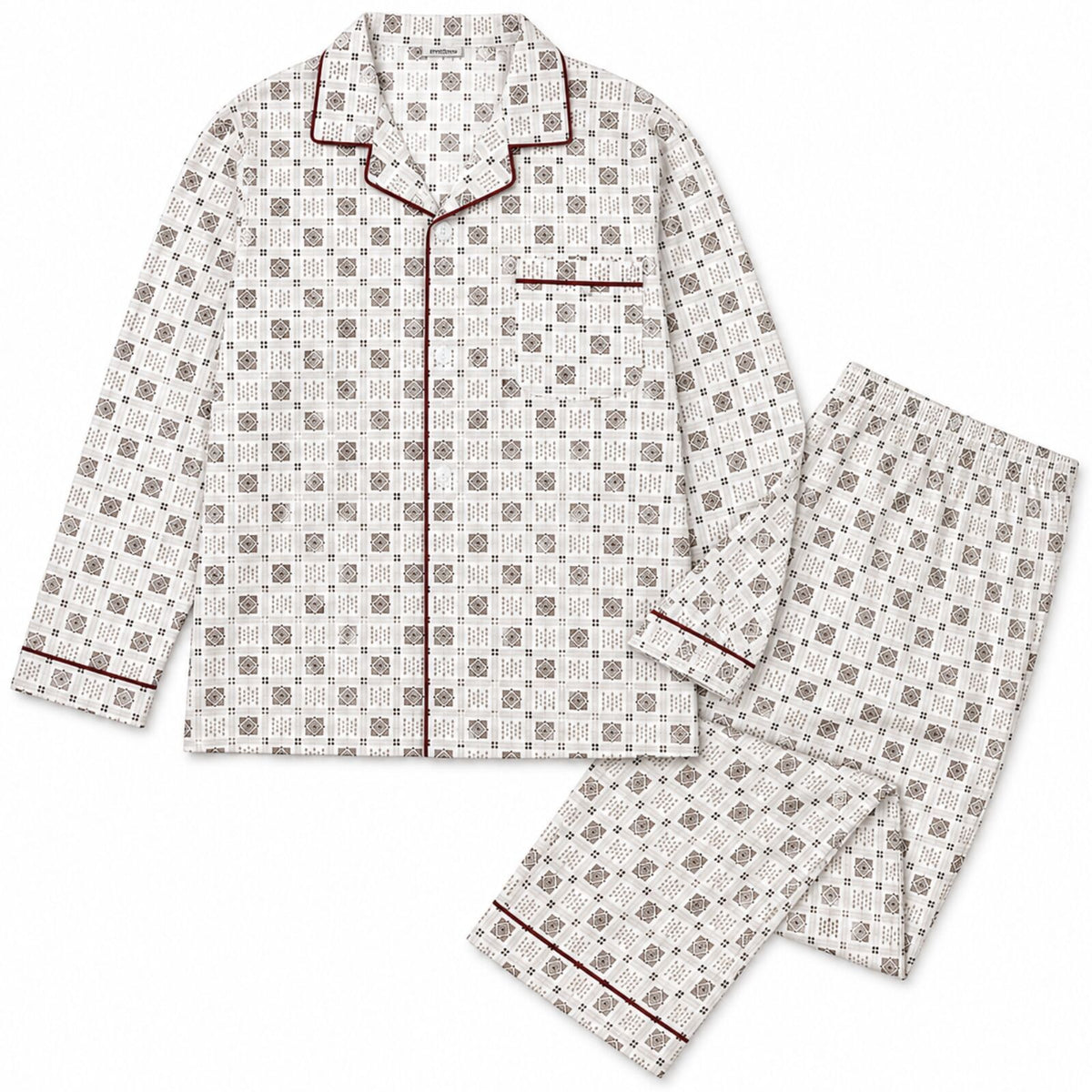 Mens Cotton Pyjama Set Long Sleeve Button Shirt Pants Sleepwear PJ - White/Brown