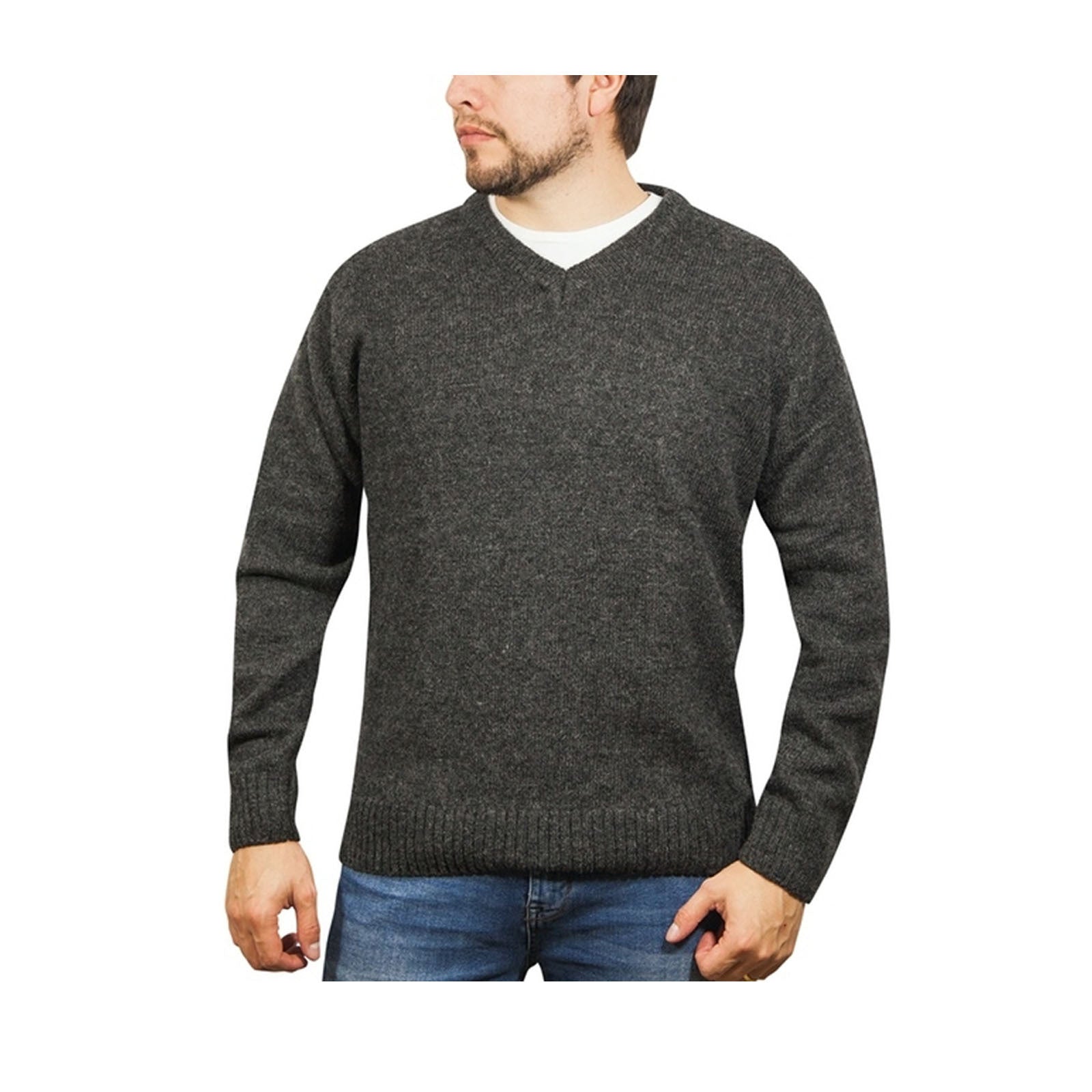 100% Shetland Ragg Wool V Neck Knit Jumper Pullover Mens Sweater Knitted - Charcoal - XXL