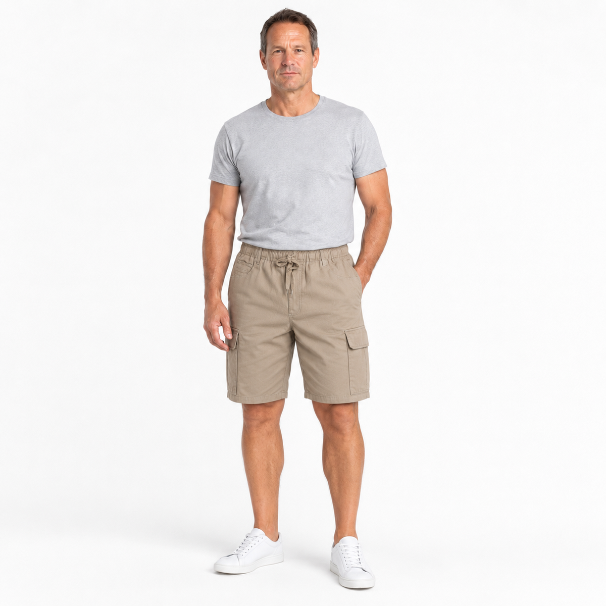 Mens CARGO SHORTS Elastic Waist 100% COTTON Army Military PLAIN Pocket in Tan