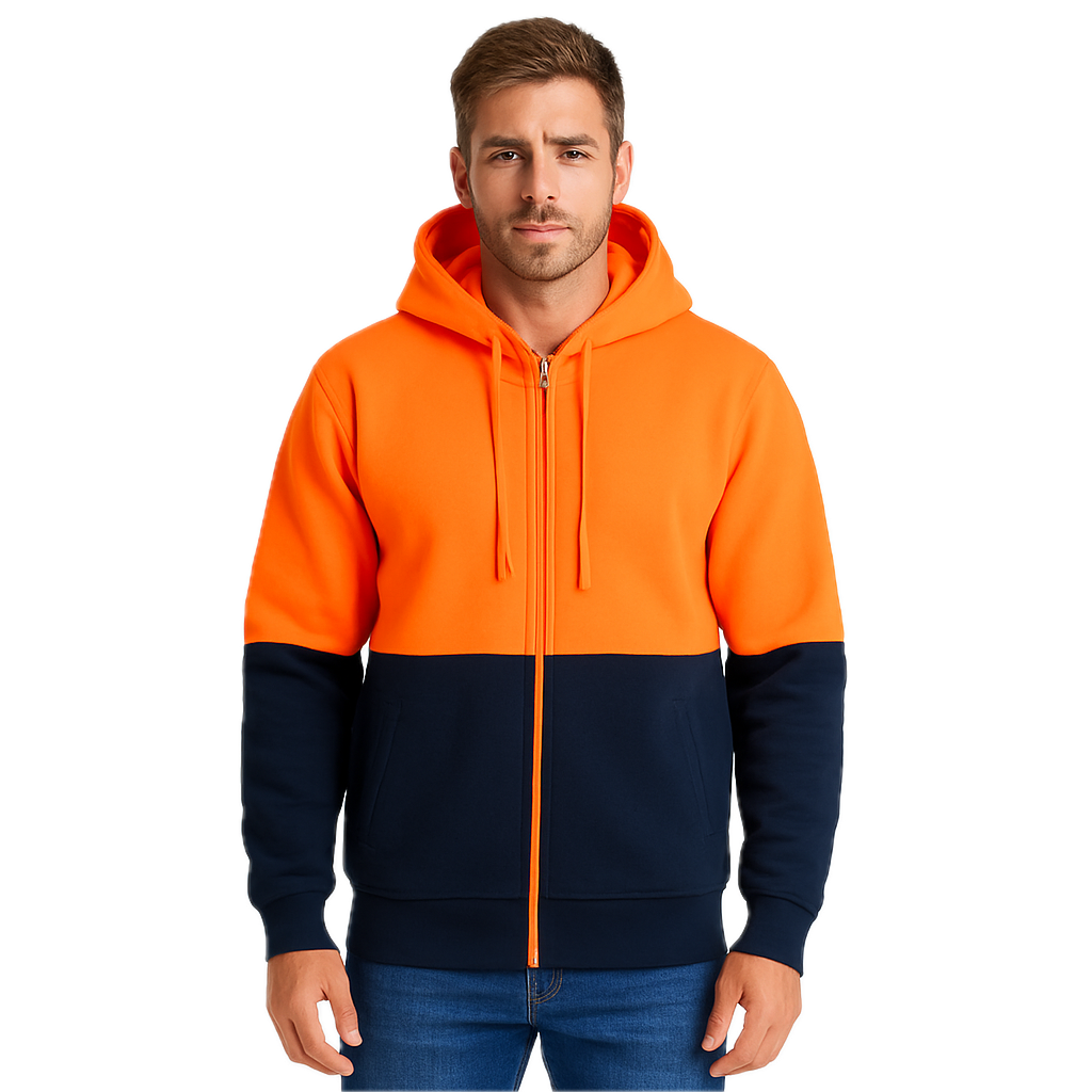 HI VIS Jumper Full Zip Hoodie Safety Workwear Fleecy Fleece Jacket Hooded in Orange/Navy