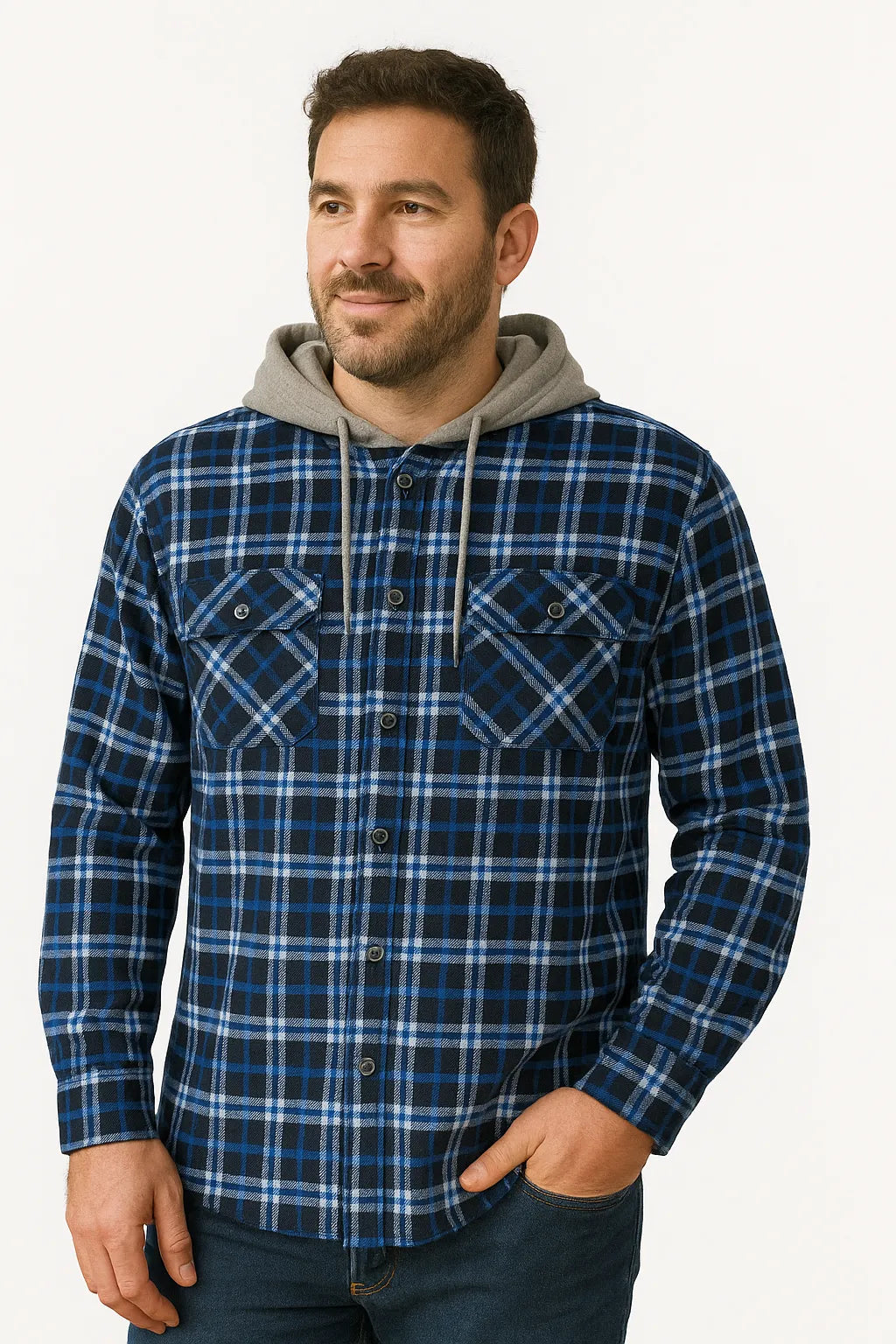 Mens Cotton Flannelette Shirt w Jersey Hood Long Sleeve Flannel - Turquoise