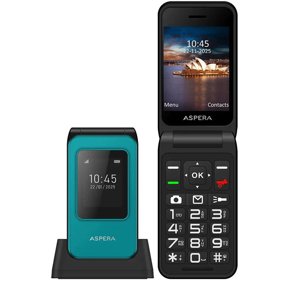 Aspera F46+ (F46 Plus) Seniors 4G BIG button FLIP mobile phone with CRADLE- Black / Green
