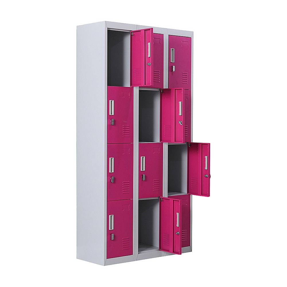 12-Door Steel Locker – Grey with Pink Door, Padlock-operated