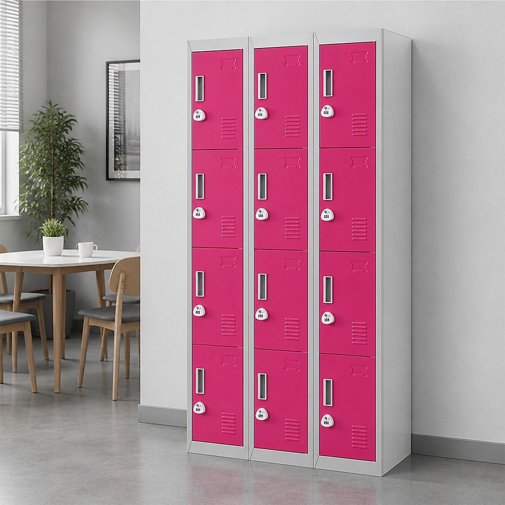 12-Door Steel Locker – Grey with Pink Door, 3-Digit Combination Lock