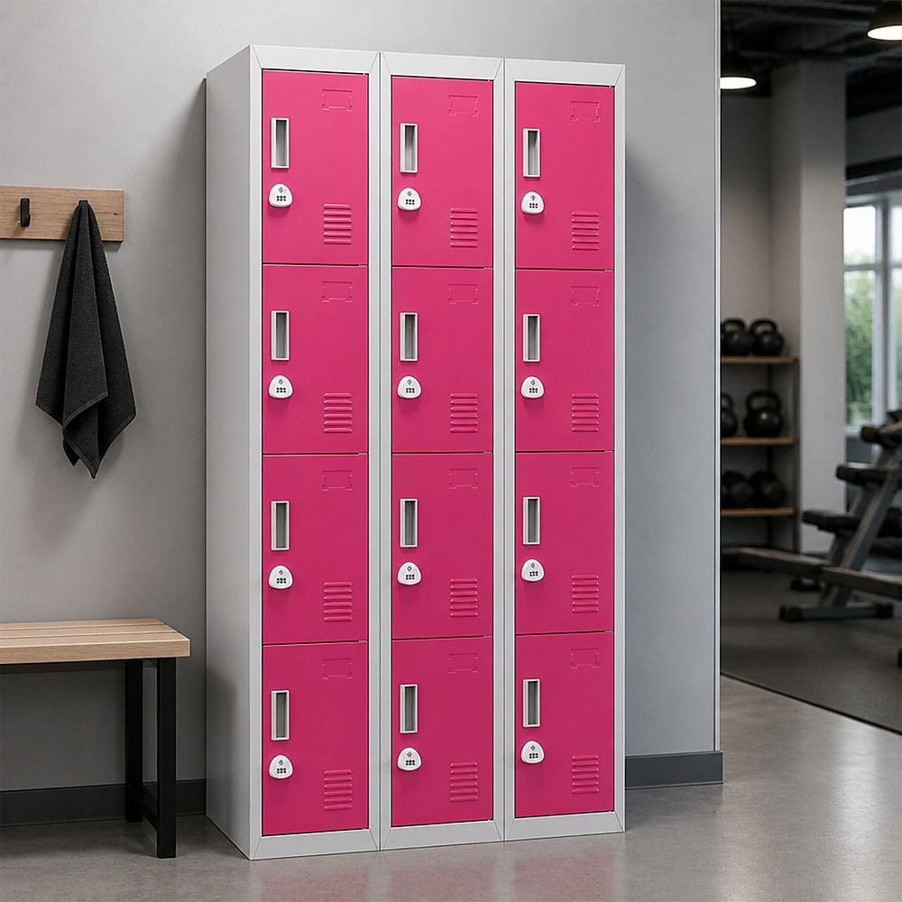 12-Door Steel Locker – Grey with Pink Door, 3-Digit Combination Lock