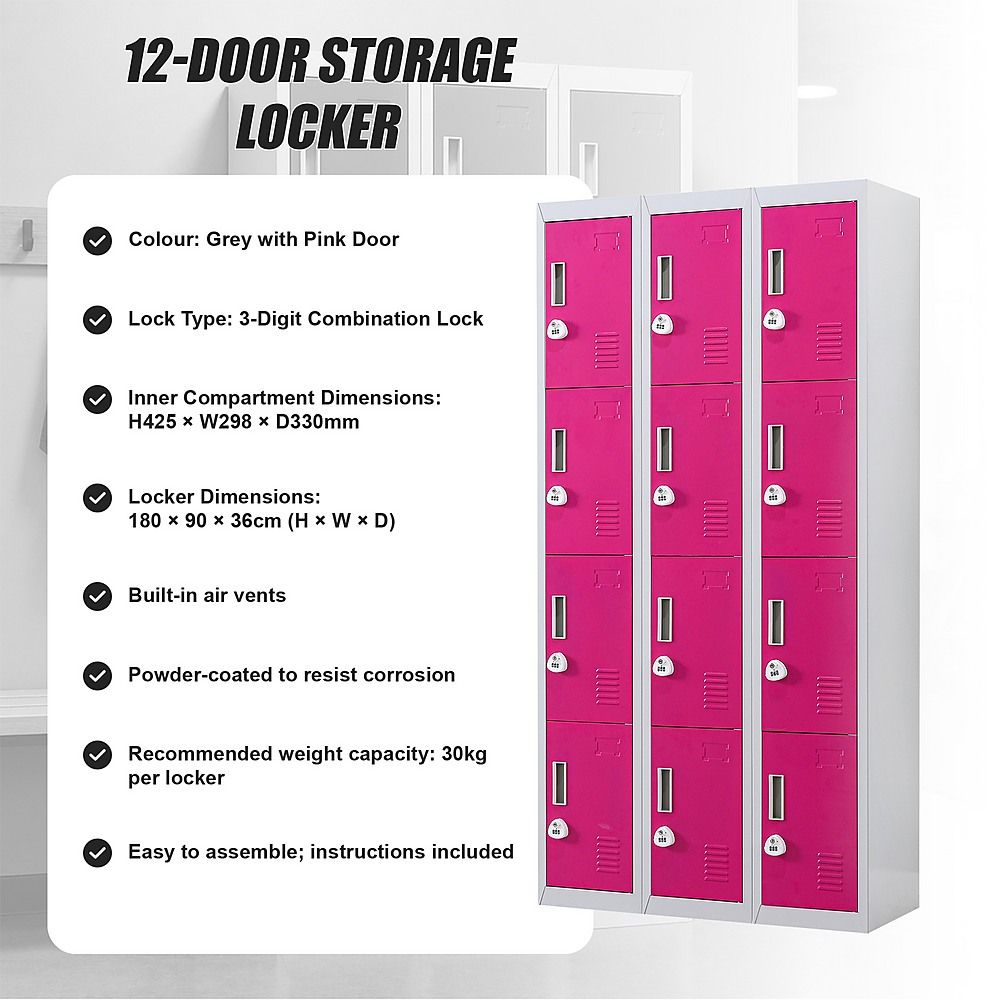 12-Door Steel Locker – Grey with Pink Door, 3-Digit Combination Lock