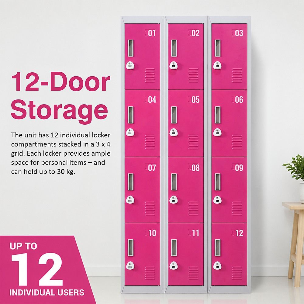 12-Door Steel Locker – Grey with Pink Door, 3-Digit Combination Lock