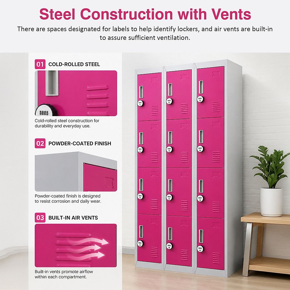 12-Door Steel Locker – Grey with Pink Door, 4-Digit Combination Lock