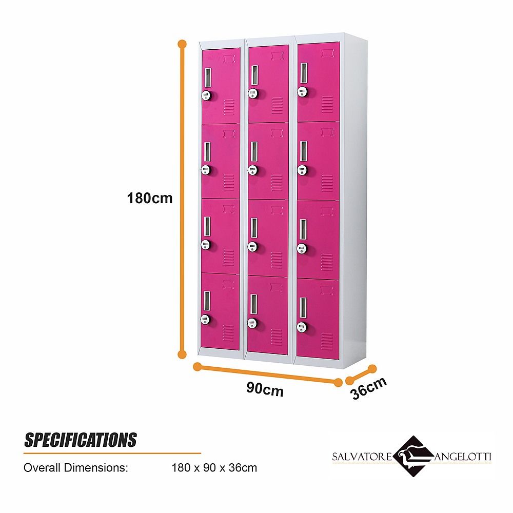 12-Door Steel Locker – Grey with Pink Door, 4-Digit Combination Lock