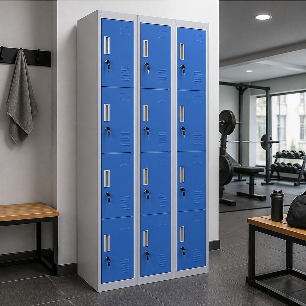 12-Door Steel Locker – Grey with Blue Door, Standard Lock with 2 Keys