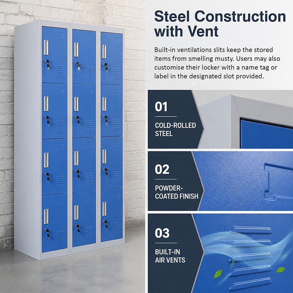12-Door Steel Locker – Grey with Blue Door, Standard Lock with 2 Keys