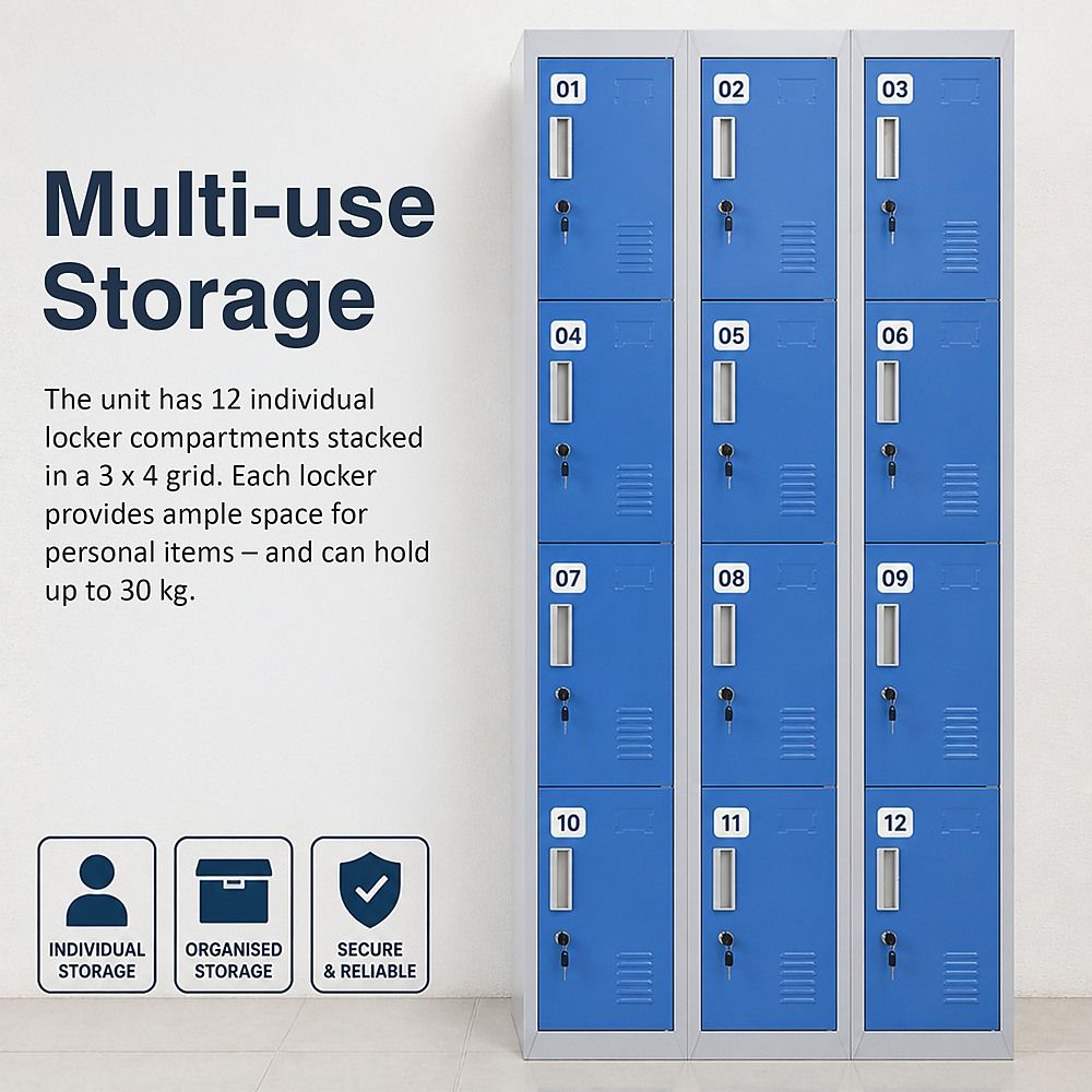 12-Door Steel Locker – Grey with Blue Door, Standard Lock with 2 Keys