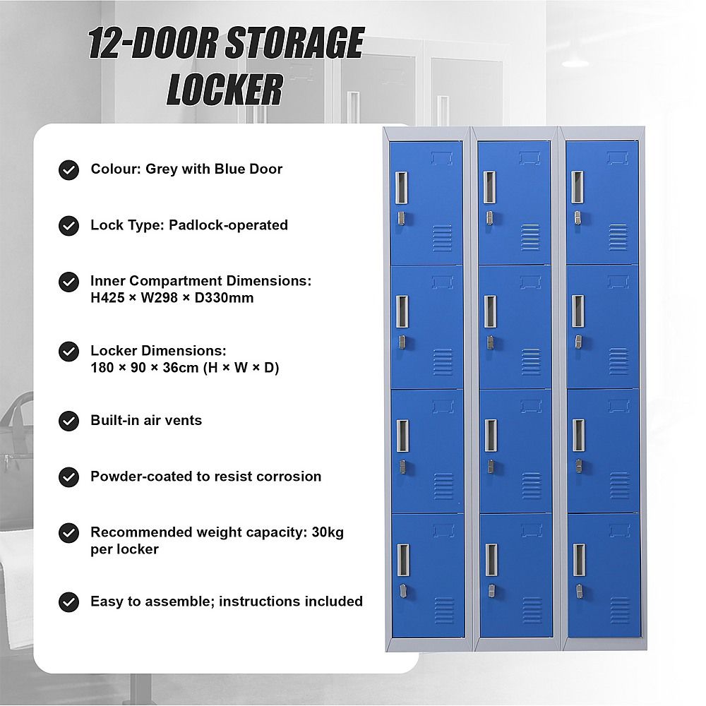 12-Door Steel Locker – Grey with Blue Door, Padlock-operated