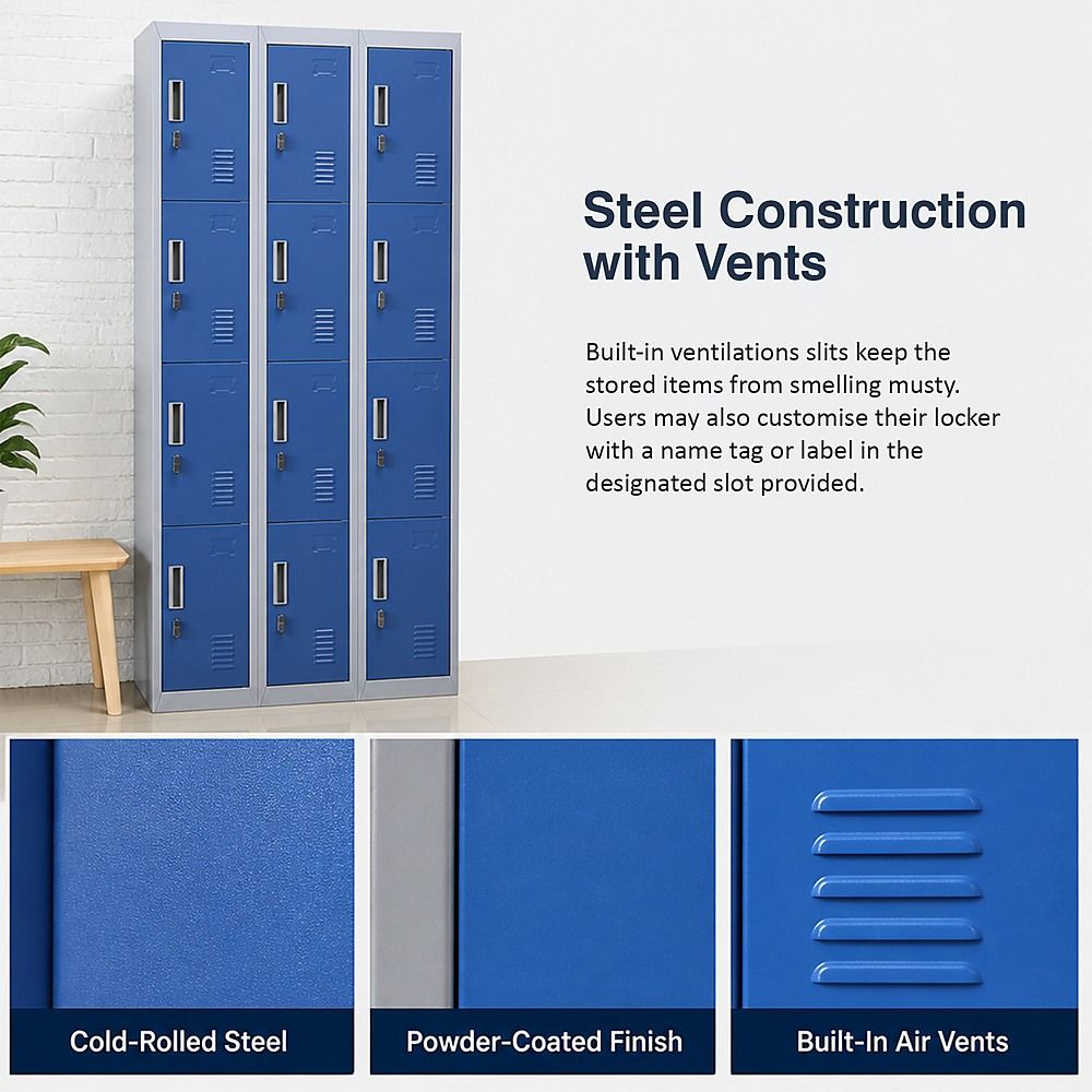 12-Door Steel Locker – Grey with Blue Door, Padlock-operated