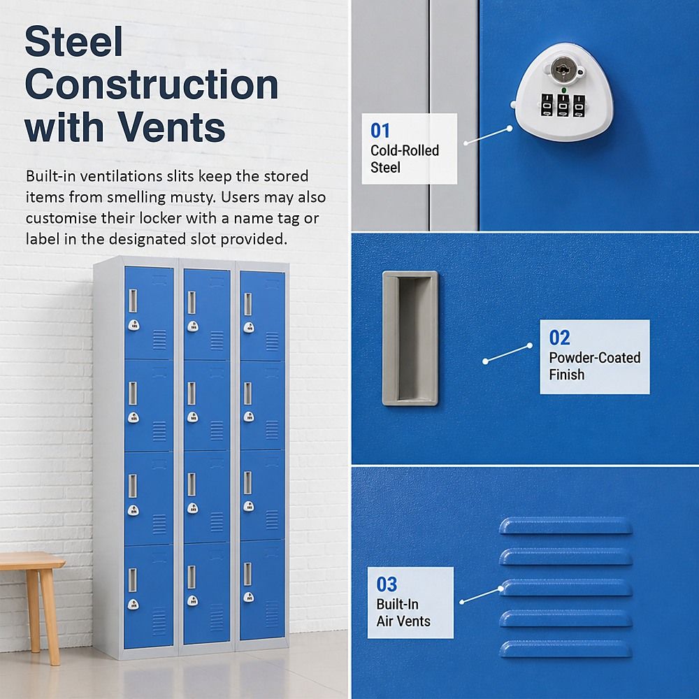 12-Door Steel Locker – Grey with Blue Door, 3-Digit Combination Lock