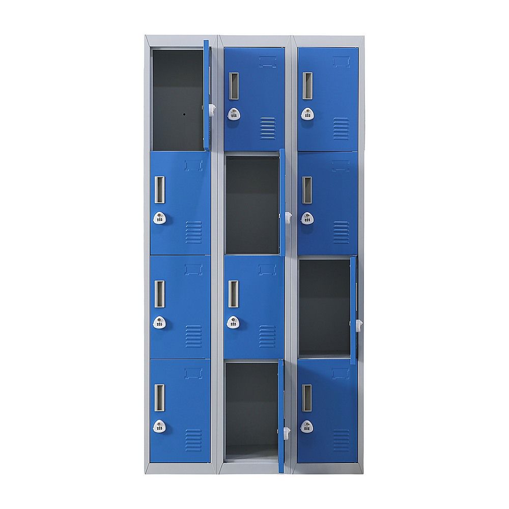 12-Door Steel Locker – Grey with Blue Door, 3-Digit Combination Lock