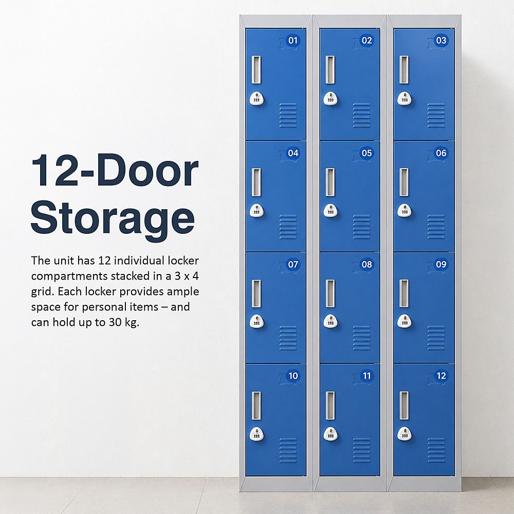 12-Door Steel Locker – Grey with Blue Door, 3-Digit Combination Lock