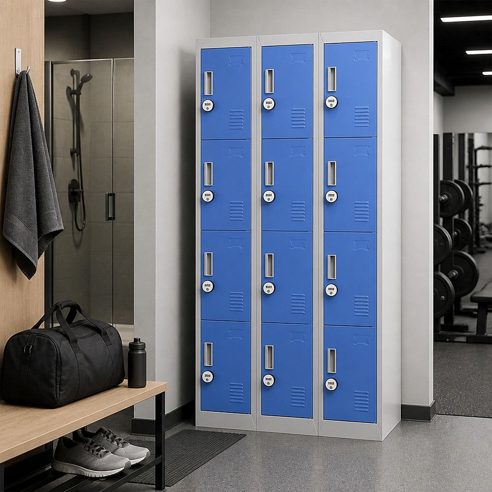 12-Door Steel Locker – Grey with Blue Door, 4-Digit Combination Lock