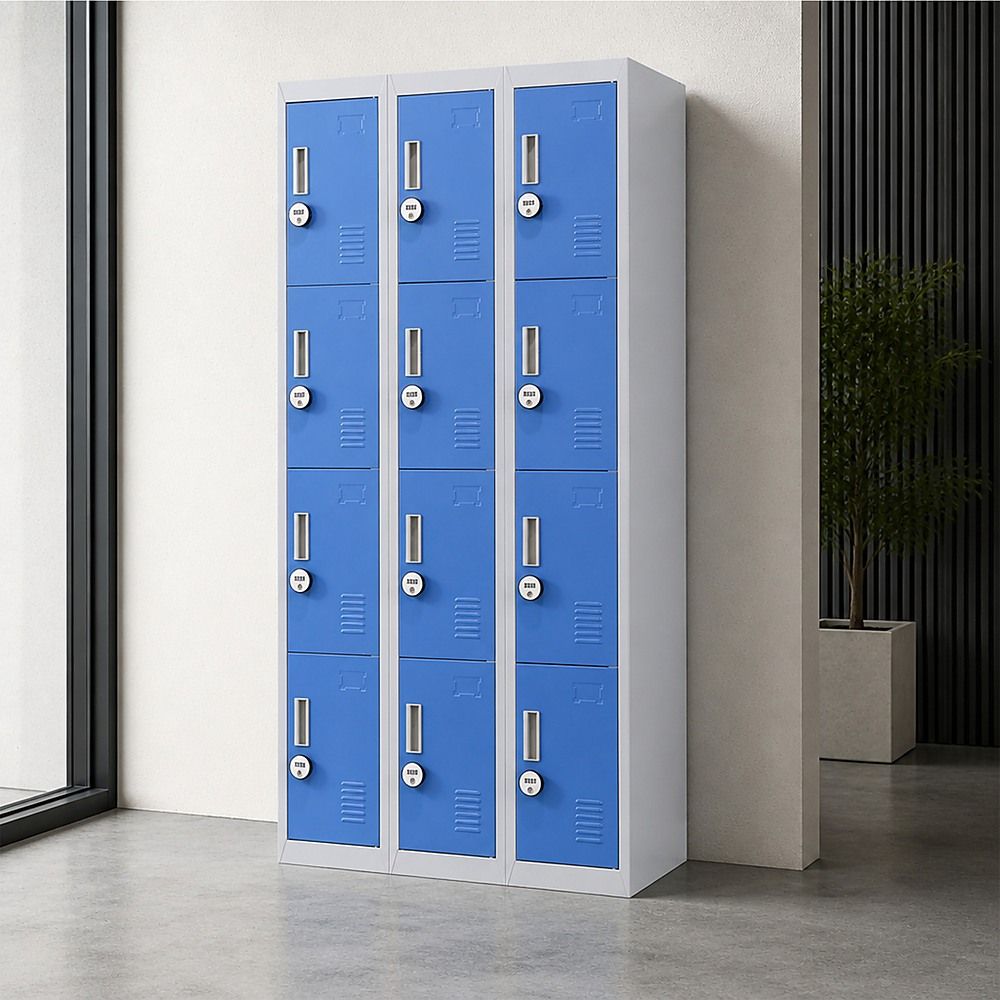 12-Door Steel Locker – Grey with Blue Door, 4-Digit Combination Lock