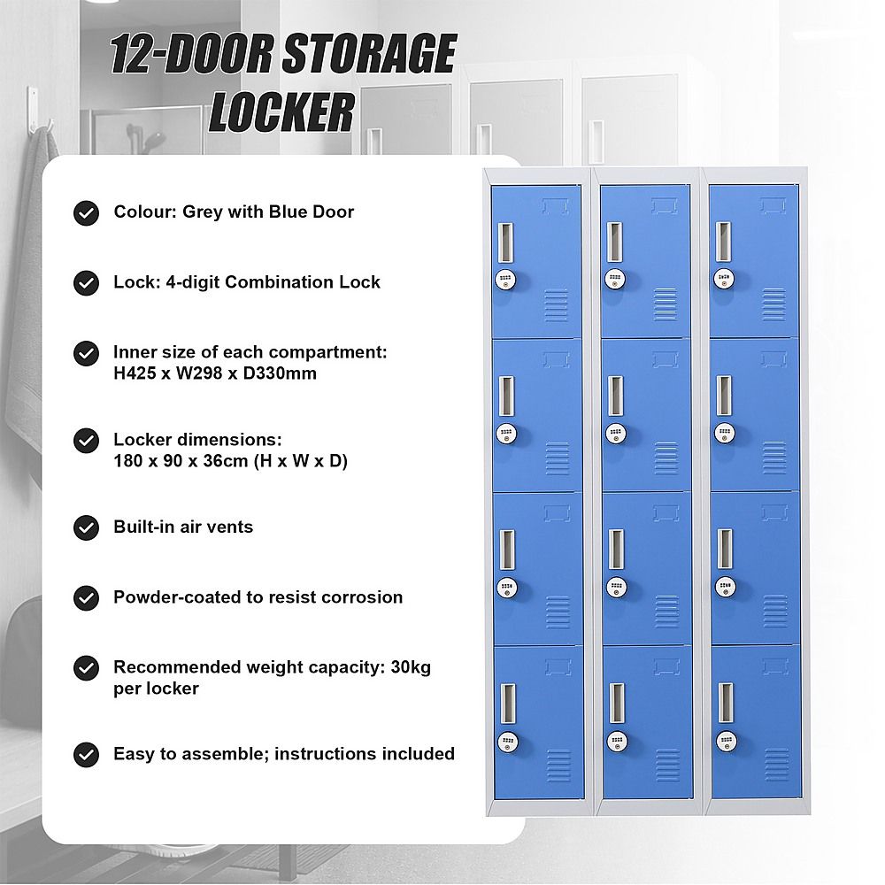 12-Door Steel Locker – Grey with Blue Door, 4-Digit Combination Lock