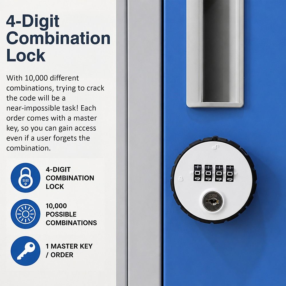 12-Door Steel Locker – Grey with Blue Door, 4-Digit Combination Lock