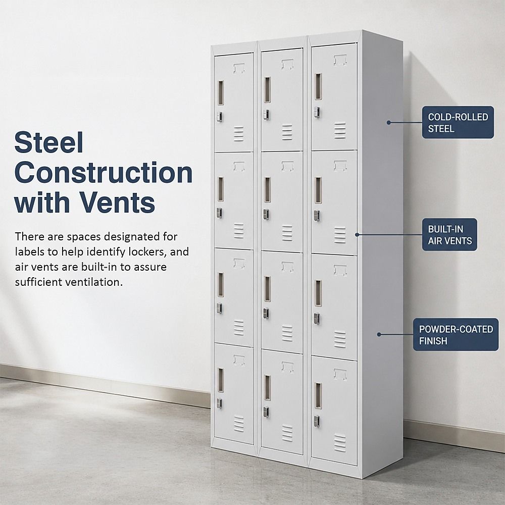 12-Door Steel Locker – Grey, Padlock-operated