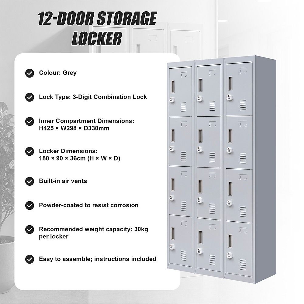 12-Door Steel Locker – Grey, 3-Digit Combination Lock