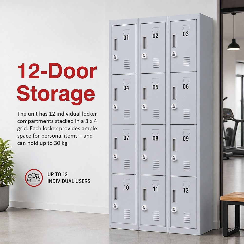 12-Door Steel Locker – Grey, 3-Digit Combination Lock