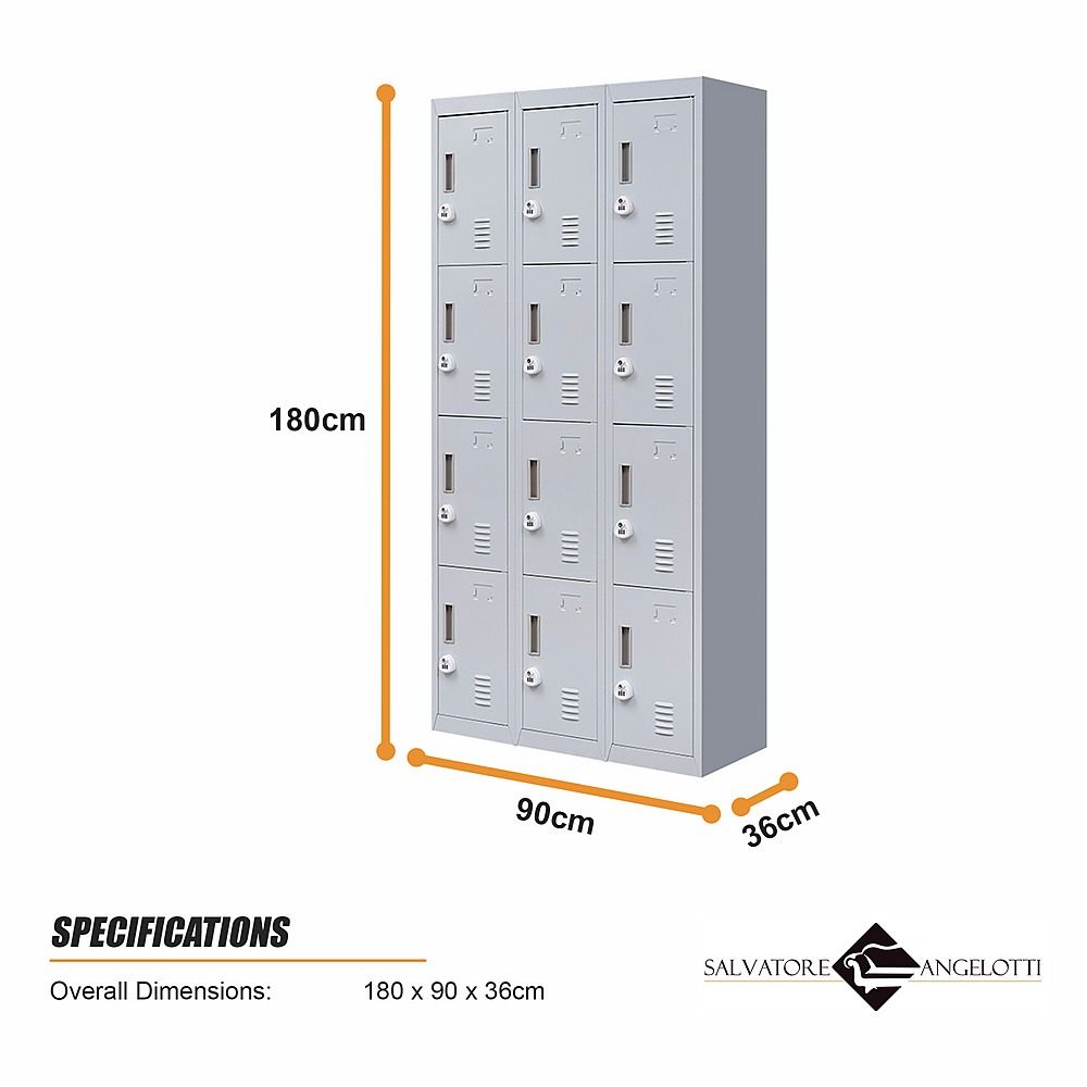 12-Door Steel Locker – Grey, 3-Digit Combination Lock
