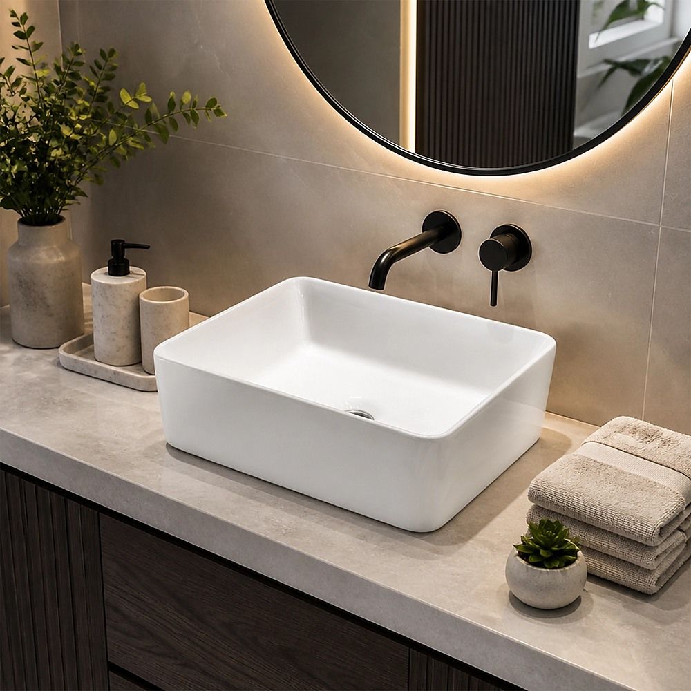 48cm Ceramic Above Counter Bathroom Basin Square Vanity Sink Countertop Wash Basin White