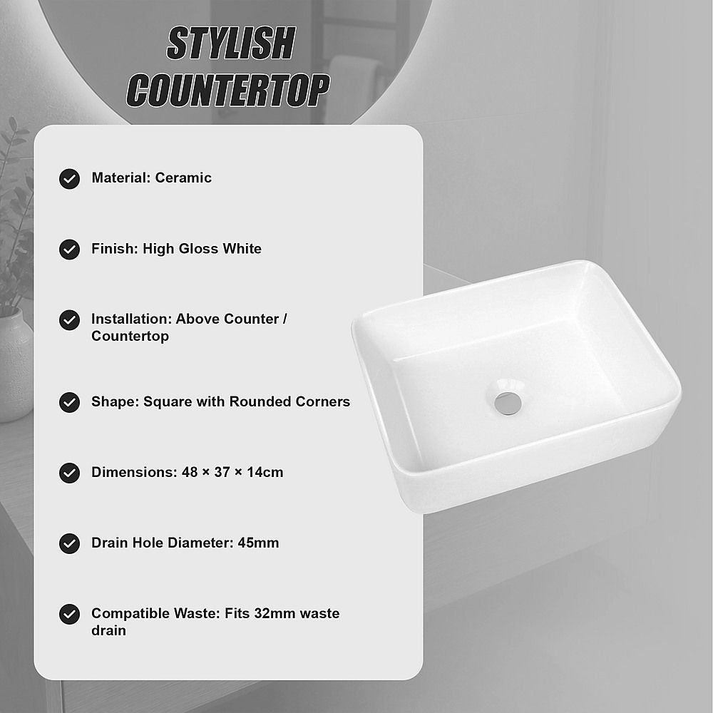 48cm Ceramic Above Counter Bathroom Basin Square Vanity Sink Countertop Wash Basin White