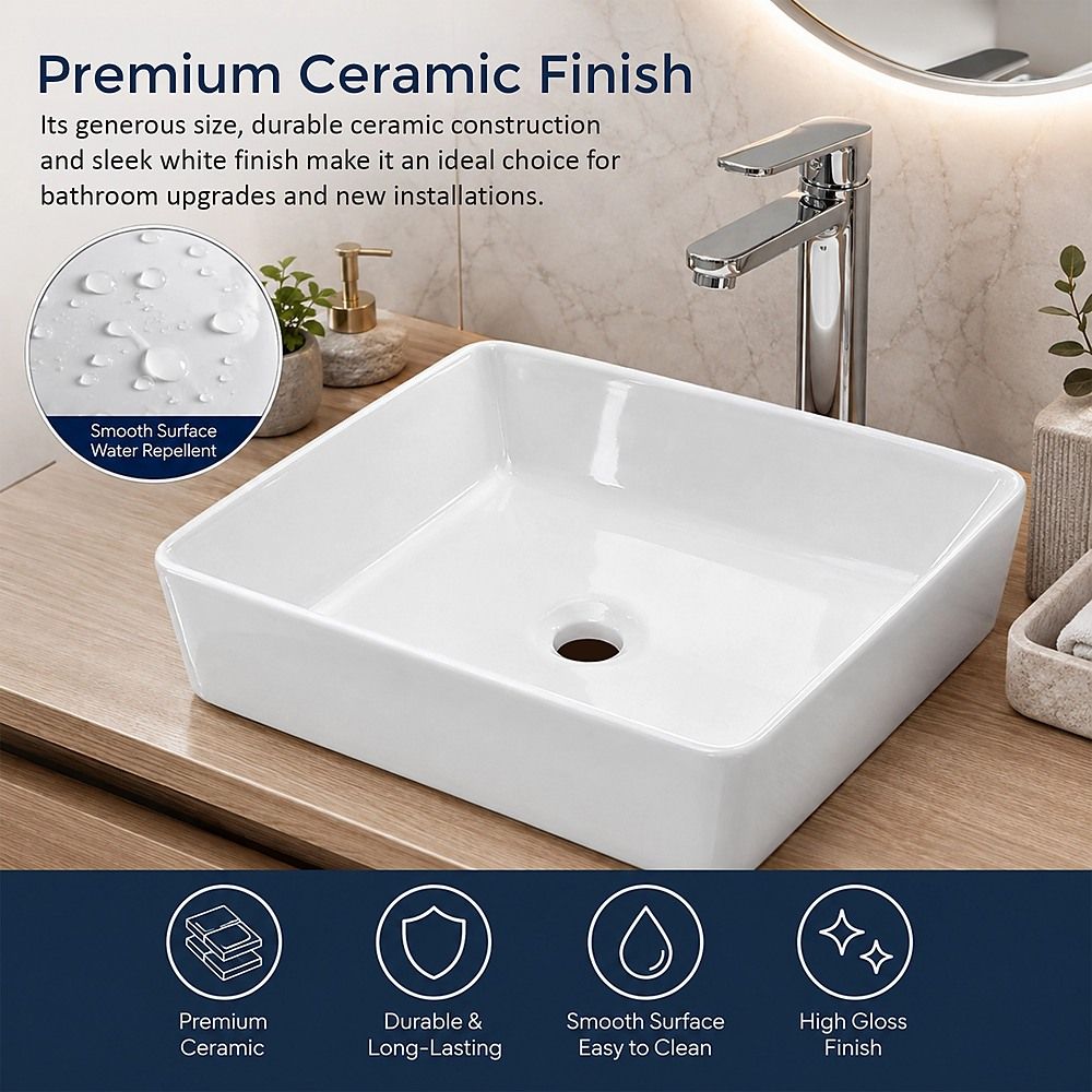 48cm Ceramic Above Counter Bathroom Basin Square Vanity Sink Countertop Wash Basin White