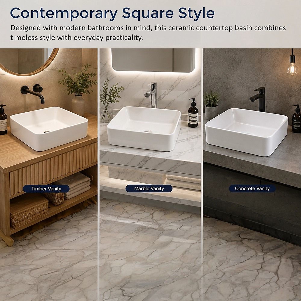 48cm Ceramic Above Counter Bathroom Basin Square Vanity Sink Countertop Wash Basin White