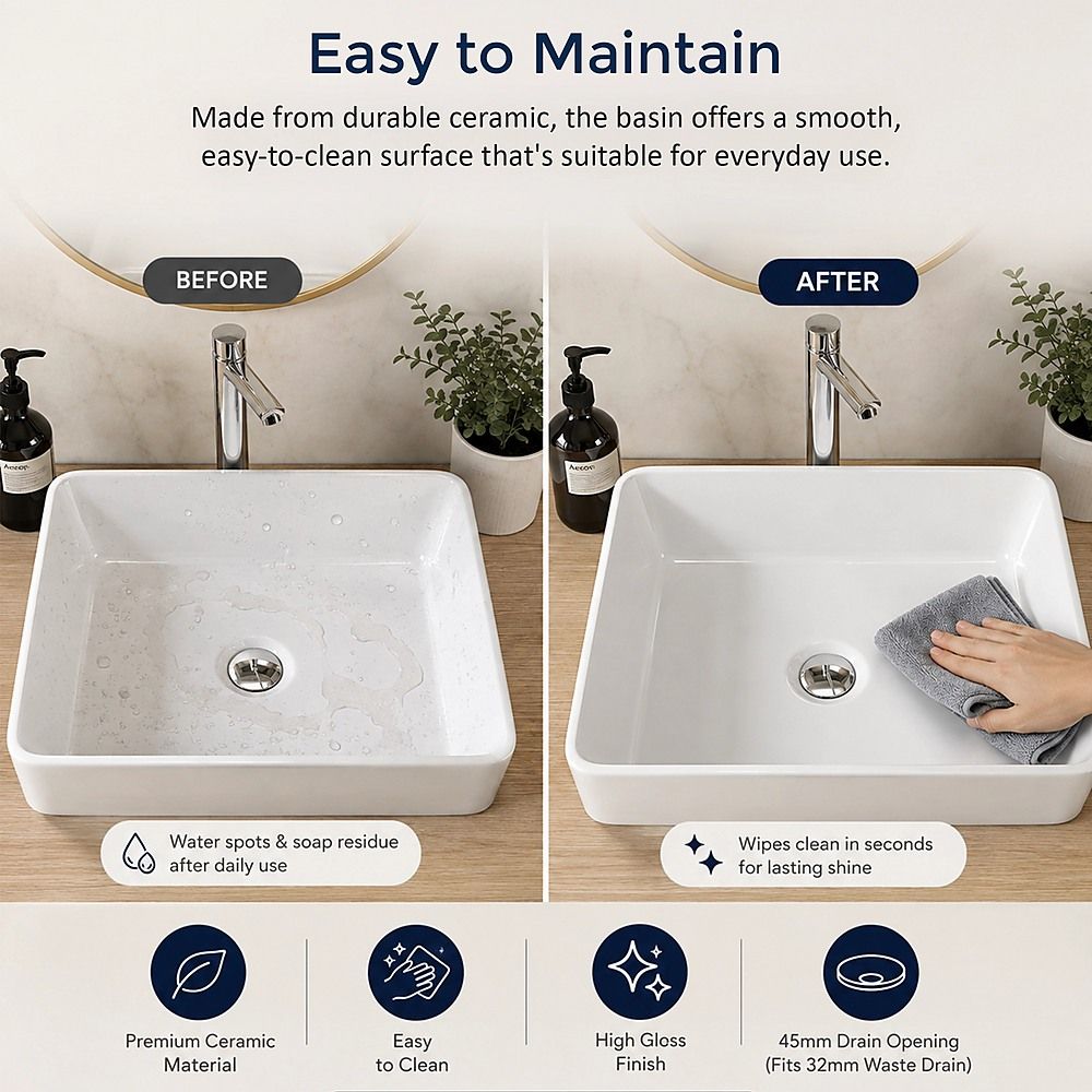 48cm Ceramic Above Counter Bathroom Basin Square Vanity Sink Countertop Wash Basin White