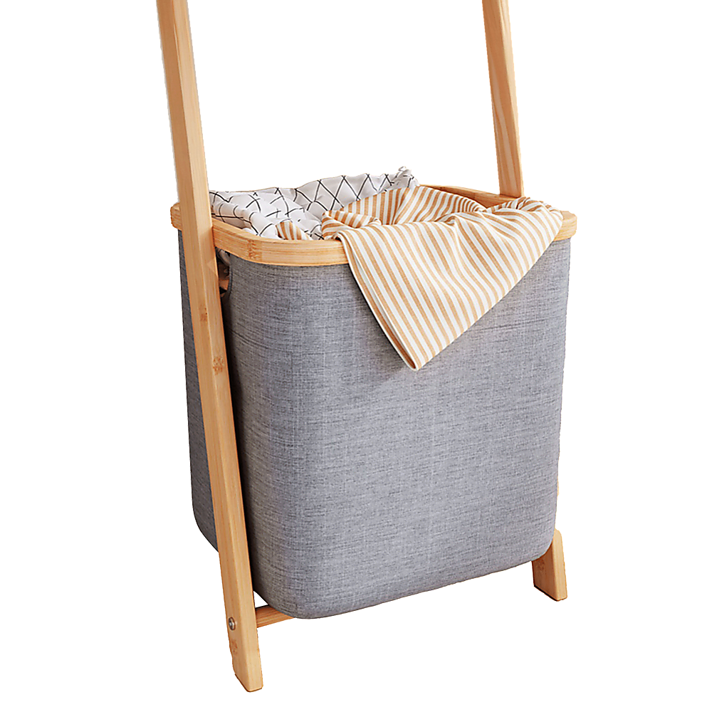 Wall Leaning Ladder Shelf with Laundry Basket Clothes Hamper Bath Towel Rack in Grey